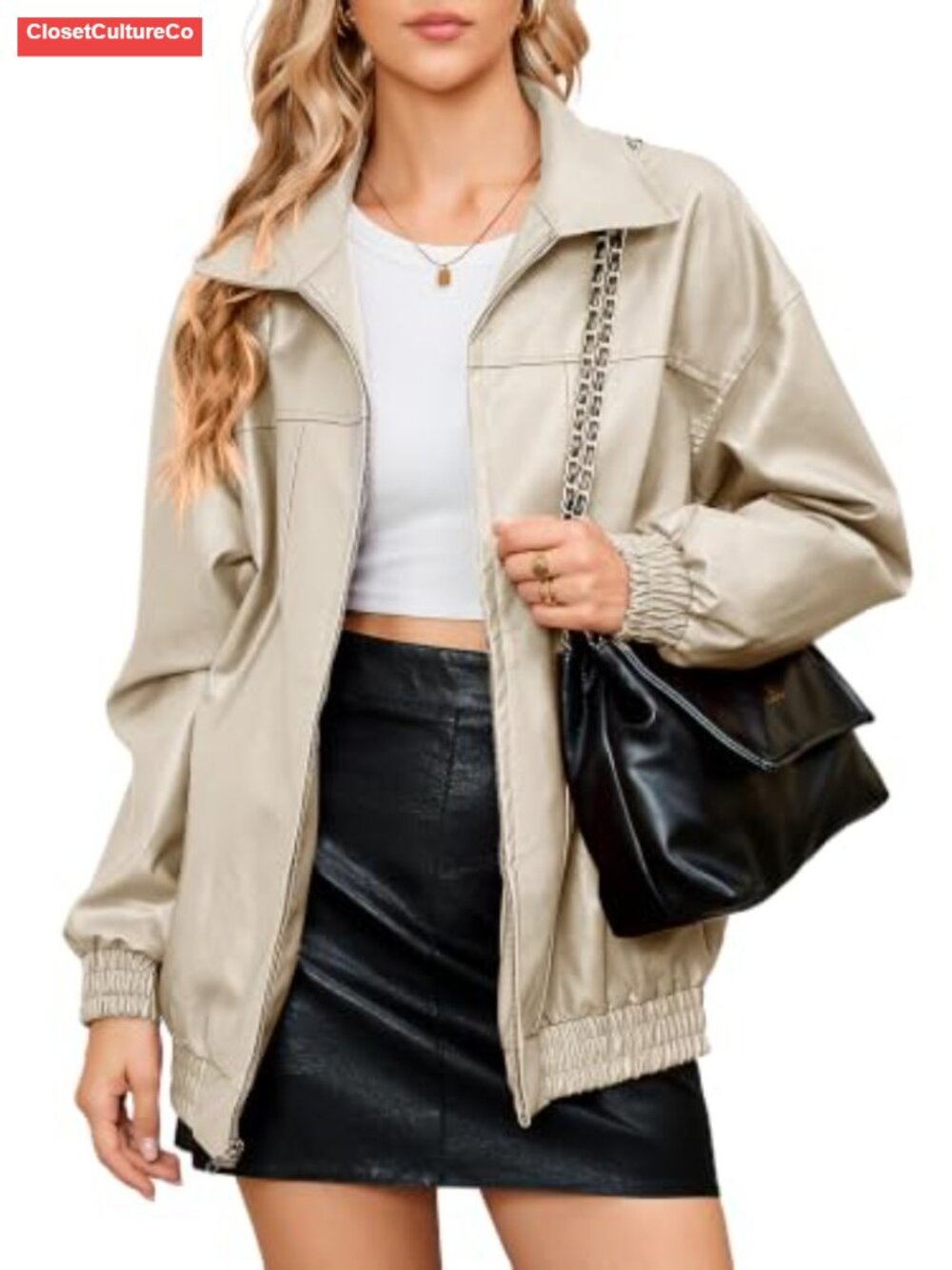 Faux Leather Zip Ribbed Oversized Winter Warm Coat